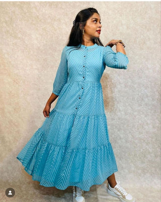 Stunning Sky Blue Zik Zak Georgette Jacket Kurti with Flared Silhouette ClothsVilla