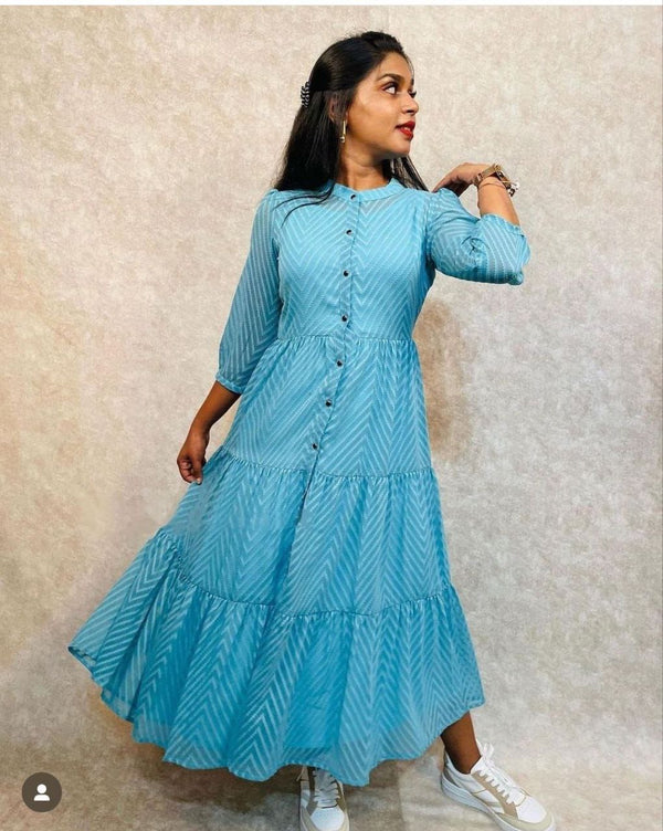 Stunning Sky Blue Zik Zak Georgette Jacket Kurti with Flared Silhouette ClothsVilla
