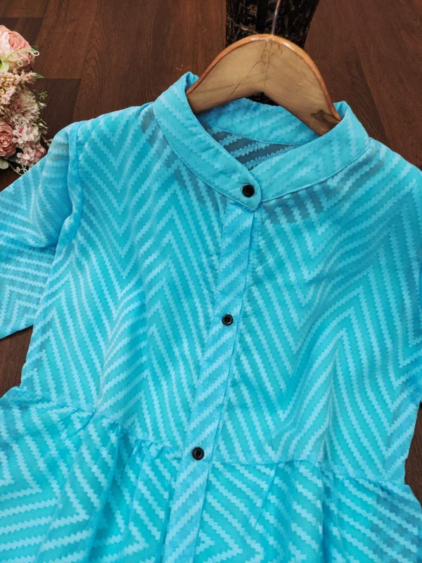 Stunning Sky Blue Zik Zak Georgette Jacket Kurti with Flared Silhouette ClothsVilla
