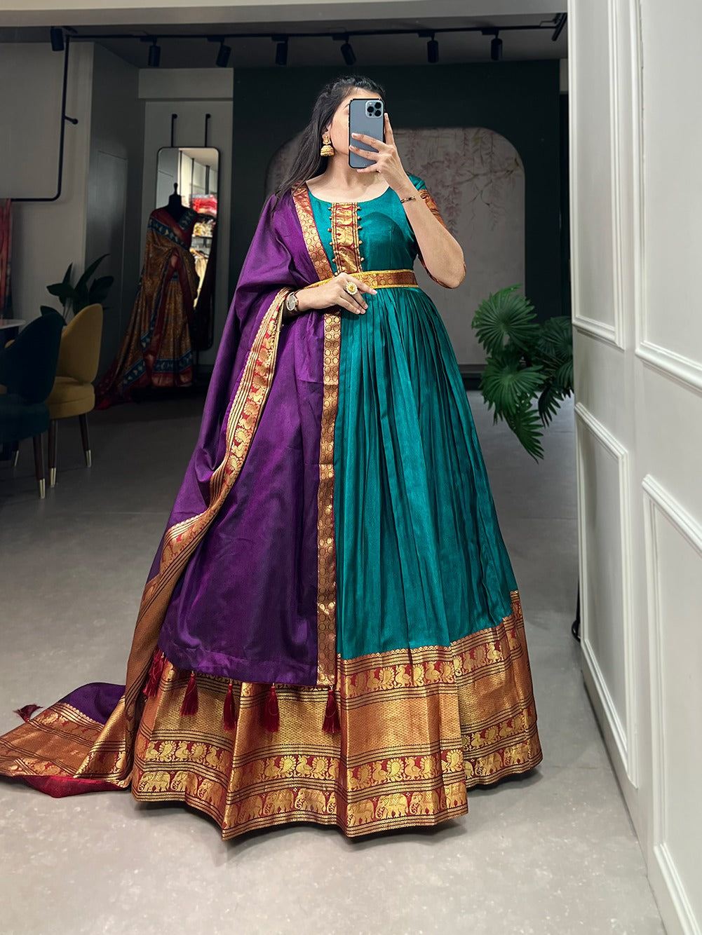 Stunning Teal Traditional Narayanpet Gown with Dupatta & Belt ClothsVilla Main image