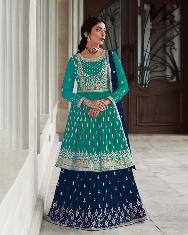 Stunning Thread Sequence Embroidered Georgette Blue & Navy Blue Color Lehenga Set ClothsVilla Main image