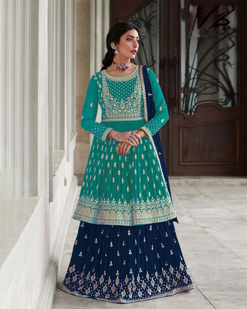 Stunning Thread Sequence Embroidered Georgette Blue & Navy Blue Color Lehenga Set ClothsVilla