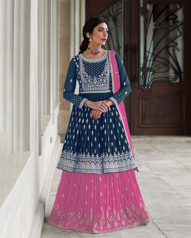 Stunning Thread Sequence Embroidered Georgette Blue & Pink Color Lehenga Set ClothsVilla