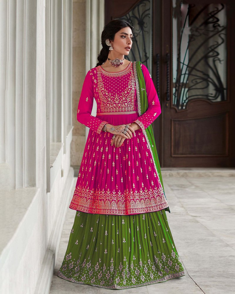 Stunning Thread Sequence Embroidered Georgette Pink & Green Color Lehenga Set ClothsVilla Main image