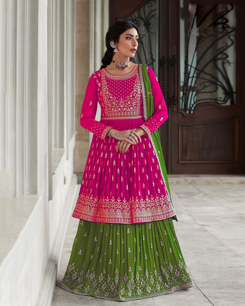 Stunning Thread Sequence Embroidered Georgette Pink & Green Color Lehenga Set ClothsVilla