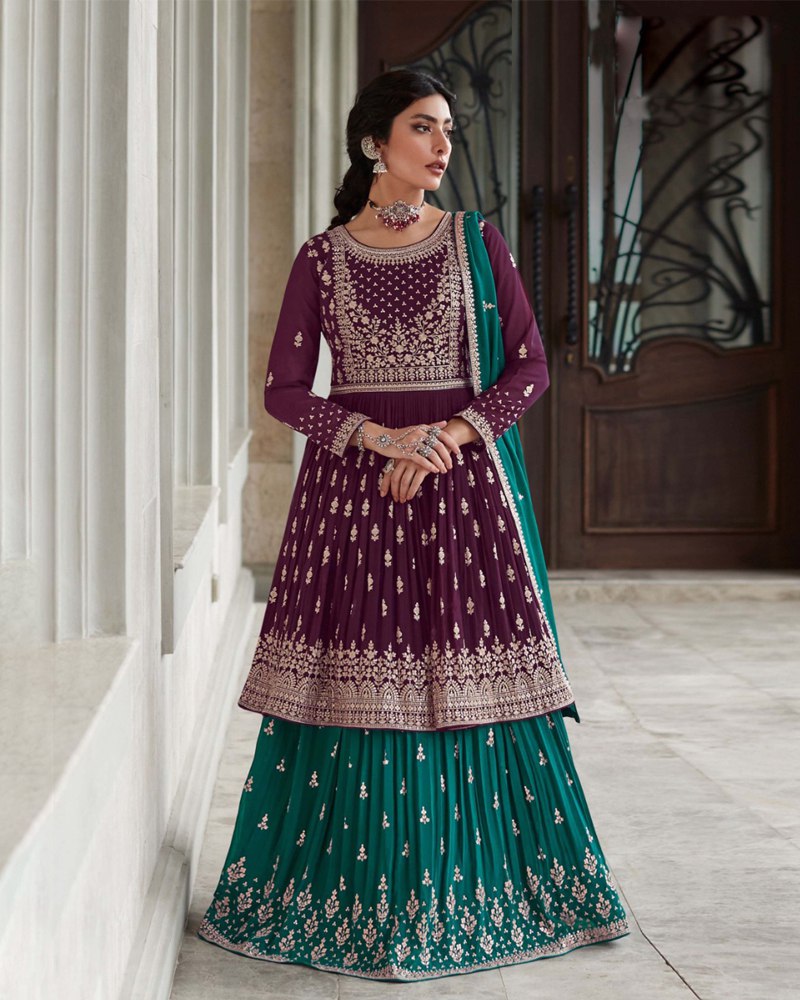 Stunning Thread Sequence Embroidered Georgette Wine & Rama Color Lehenga Set ClothsVilla