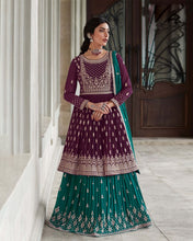 Load image into Gallery viewer, Stunning Thread Sequence Embroidered Georgette Wine &amp; Rama Color Lehenga Set ClothsVilla