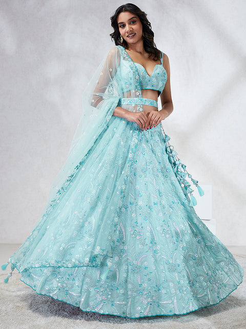 Stunning Turquoise Blue Sequin Embroidered Lehenga Choli Set ClothsVilla Main image