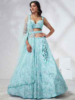 Stunning Turquoise Blue Sequin Embroidered Lehenga Choli Set ClothsVilla