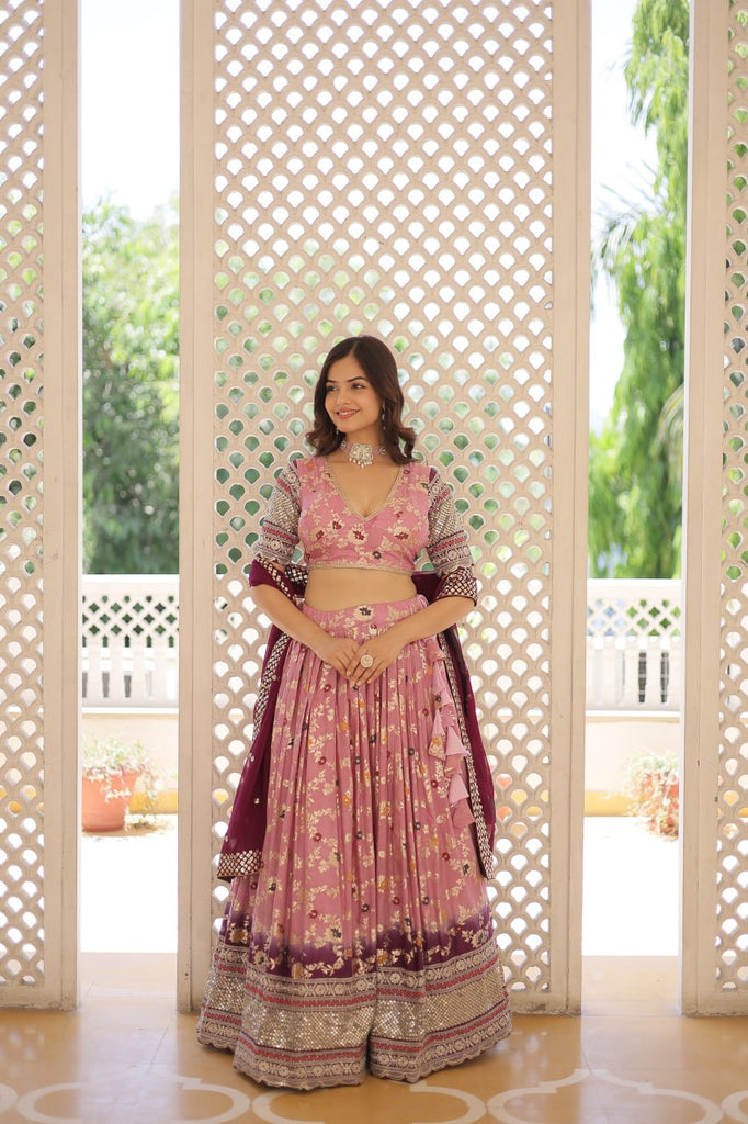 Stunning Viscose Jacquard Lavender Lehenga Set with Embroidered Sequins and Faux Blooming Dupatta ClothsVilla