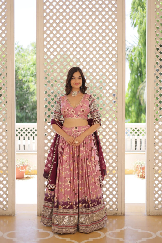 Stunning Viscose Jacquard Lavender Lehenga Set with Embroidered Sequins and Faux Blooming Dupatta ClothsVilla