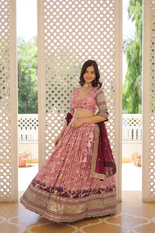 Stunning Viscose Jacquard Lavender Lehenga Set with Embroidered Sequins and Faux Blooming Dupatta ClothsVilla