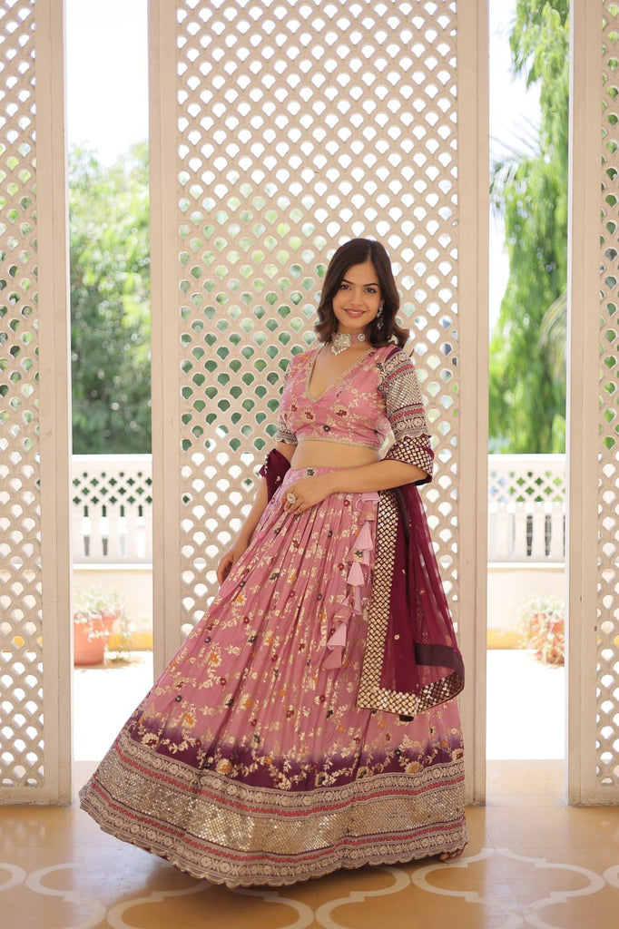 Stunning Viscose Jacquard Lavender Lehenga Set with Embroidered Sequins and Faux Blooming Dupatta ClothsVilla