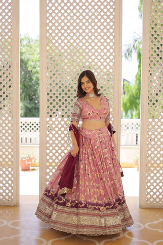 Stunning Viscose Jacquard Lavender Lehenga Set with Embroidered Sequins and Faux Blooming Dupatta ClothsVilla