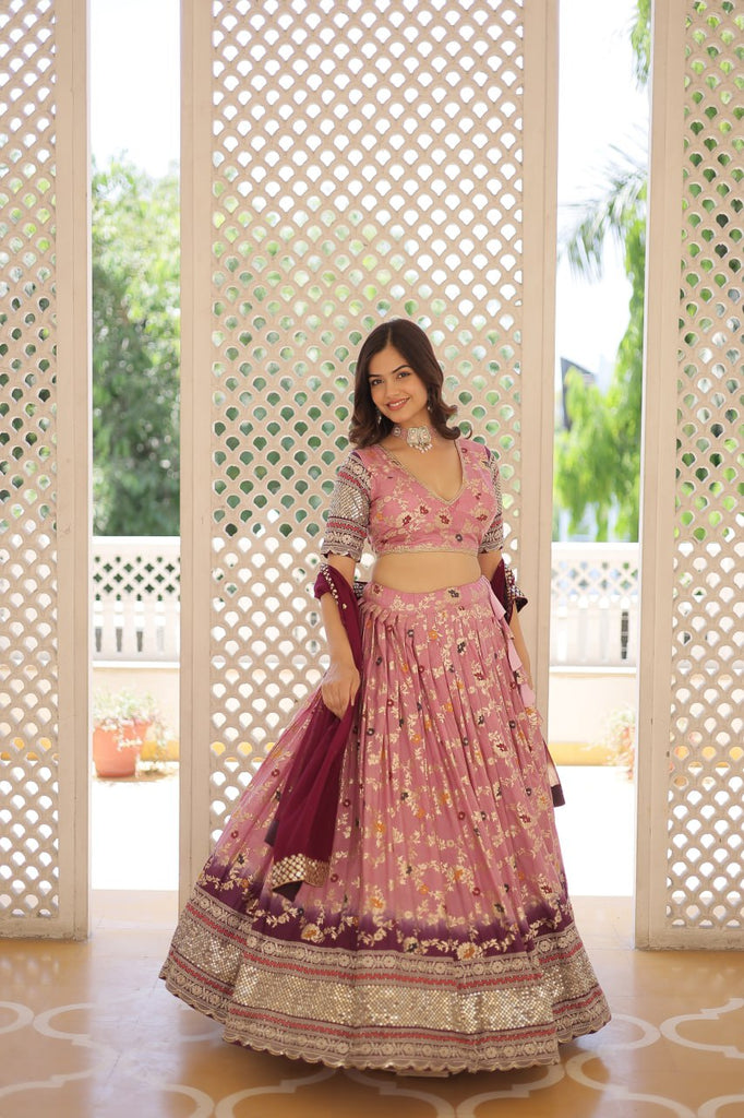 Stunning Viscose Jacquard Lavender Lehenga Set with Embroidered Sequins and Faux Blooming Dupatta ClothsVilla