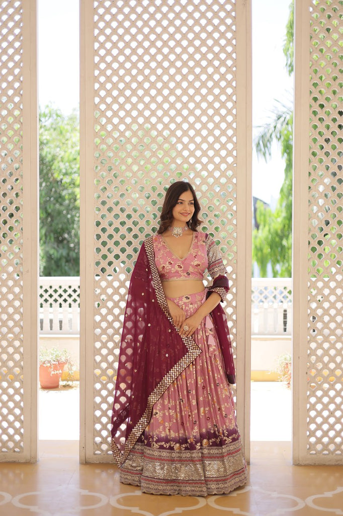 Stunning Viscose Jacquard Lavender Lehenga Set with Embroidered Sequins and Faux Blooming Dupatta ClothsVilla