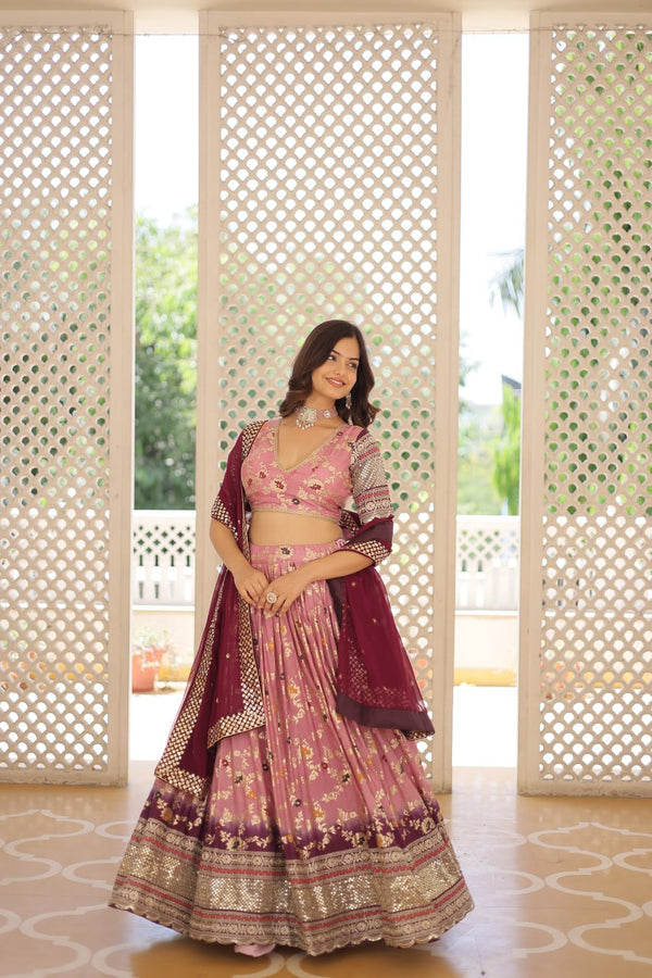 Stunning Viscose Jacquard Lavender Lehenga Set with Embroidered Sequins and Faux Blooming Dupatta ClothsVilla