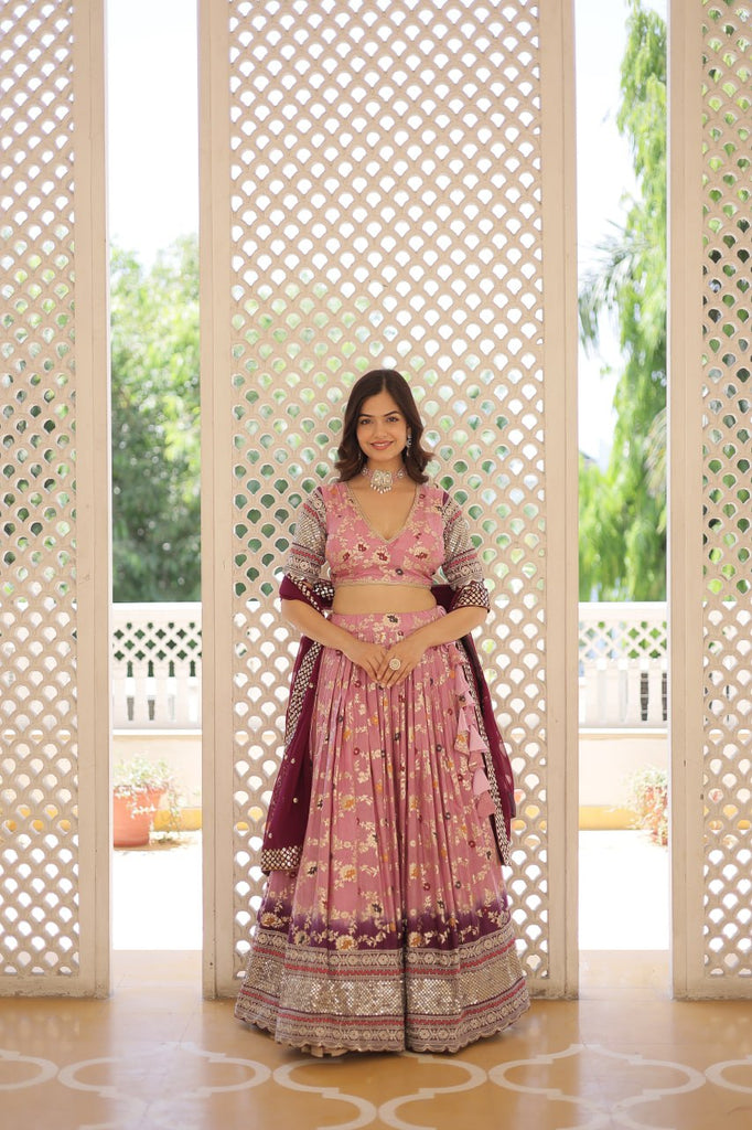 Stunning Viscose Jacquard Lavender Lehenga Set with Embroidered Sequins and Faux Blooming Dupatta ClothsVilla