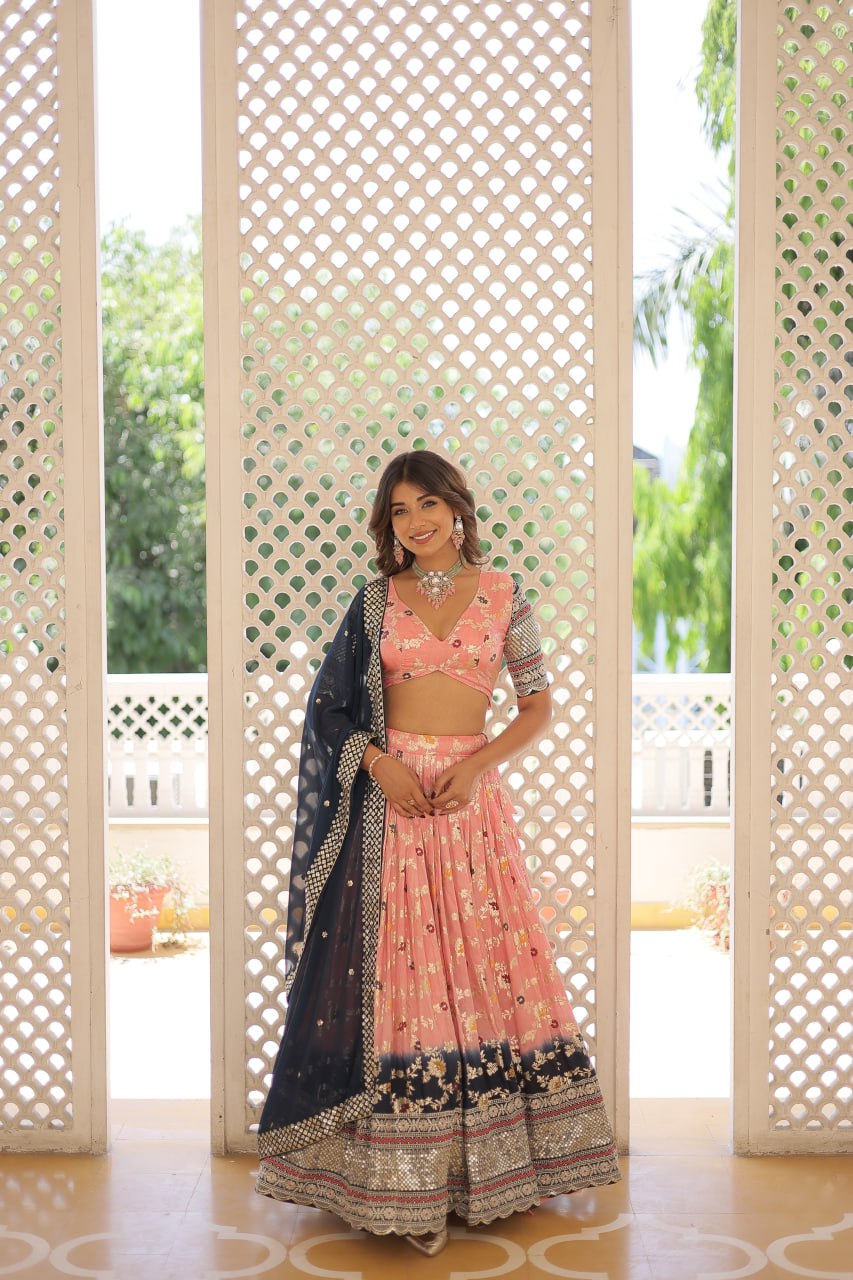 Stunning Viscose Jacquard Light Pink Lehenga Set with Embroidered Sequins and Faux Blooming Dupatta ClothsVilla Main image