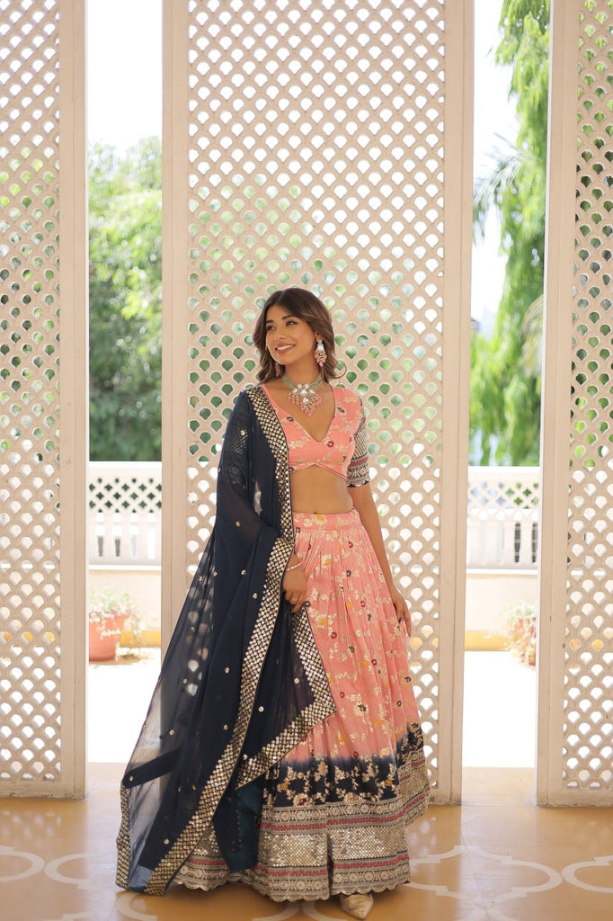 Stunning Viscose Jacquard Light Pink Lehenga Set with Embroidered Sequins and Faux Blooming Dupatta ClothsVilla