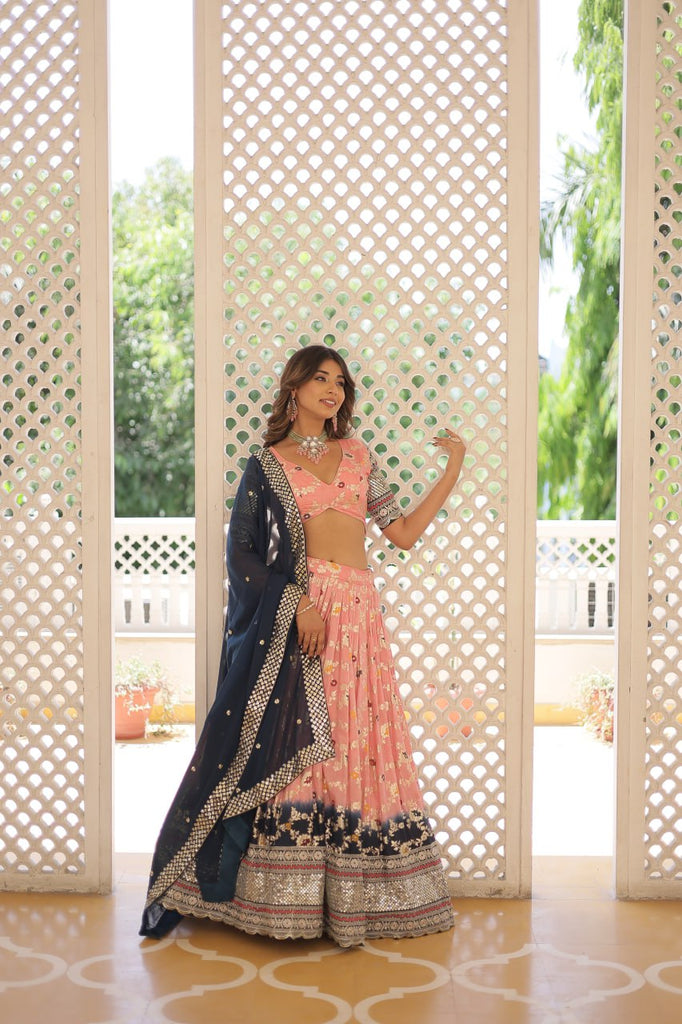 Stunning Viscose Jacquard Light Pink Lehenga Set with Embroidered Sequins and Faux Blooming Dupatta ClothsVilla