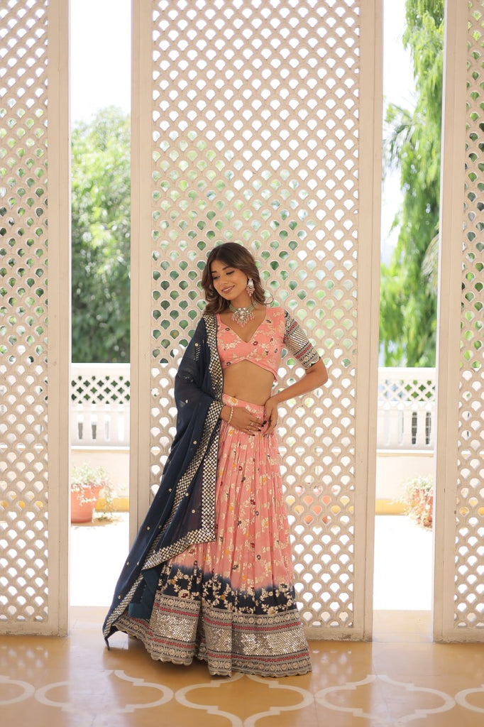 Stunning Viscose Jacquard Light Pink Lehenga Set with Embroidered Sequins and Faux Blooming Dupatta ClothsVilla