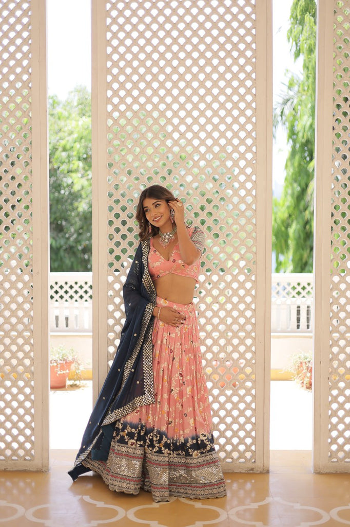 Stunning Viscose Jacquard Light Pink Lehenga Set with Embroidered Sequins and Faux Blooming Dupatta ClothsVilla