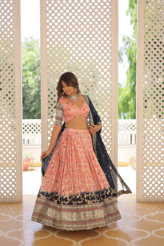 Stunning Viscose Jacquard Light Pink Lehenga Set with Embroidered Sequins and Faux Blooming Dupatta ClothsVilla