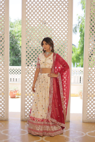 Stunning Viscose Jacquard Off White Lehenga Set with Embroidered Sequins and Faux Blooming Dupatta ClothsVilla