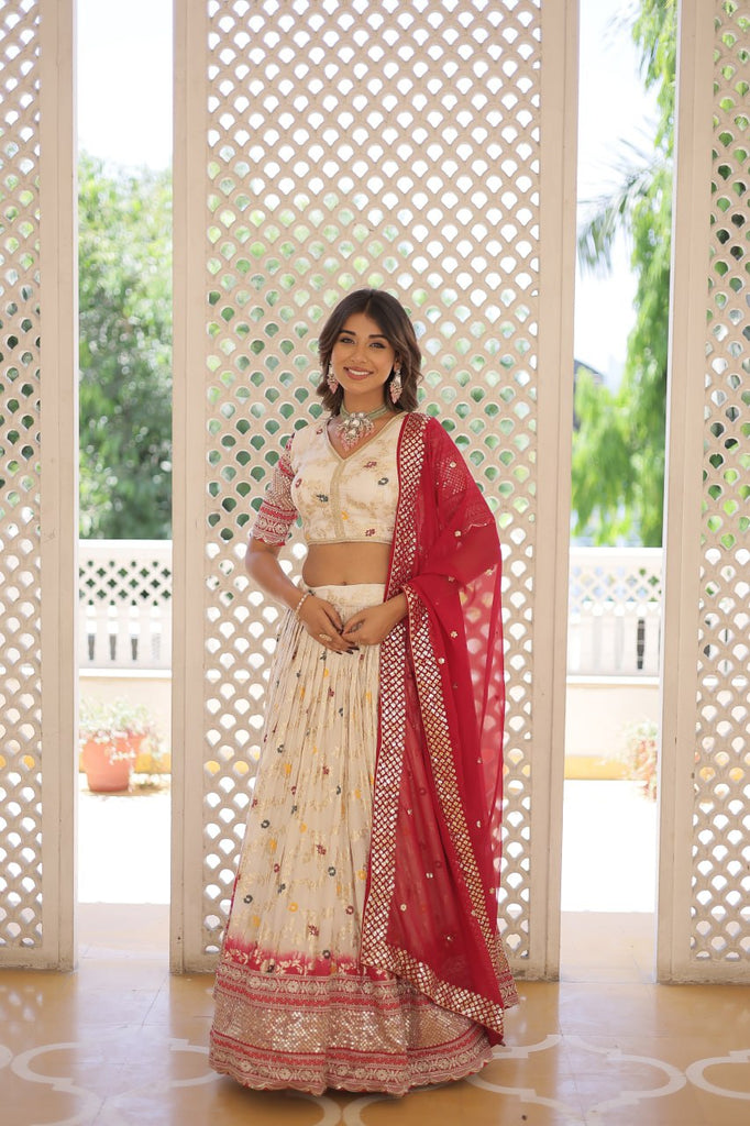 Stunning Viscose Jacquard Off White Lehenga Set with Embroidered Sequins and Faux Blooming Dupatta ClothsVilla