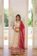 Load image into Gallery viewer, Stunning Viscose Jacquard Off White Lehenga Set with Embroidered Sequins and Faux Blooming Dupatta ClothsVilla