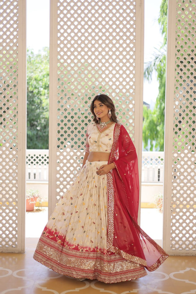 Stunning Viscose Jacquard Off White Lehenga Set with Embroidered Sequins and Faux Blooming Dupatta ClothsVilla