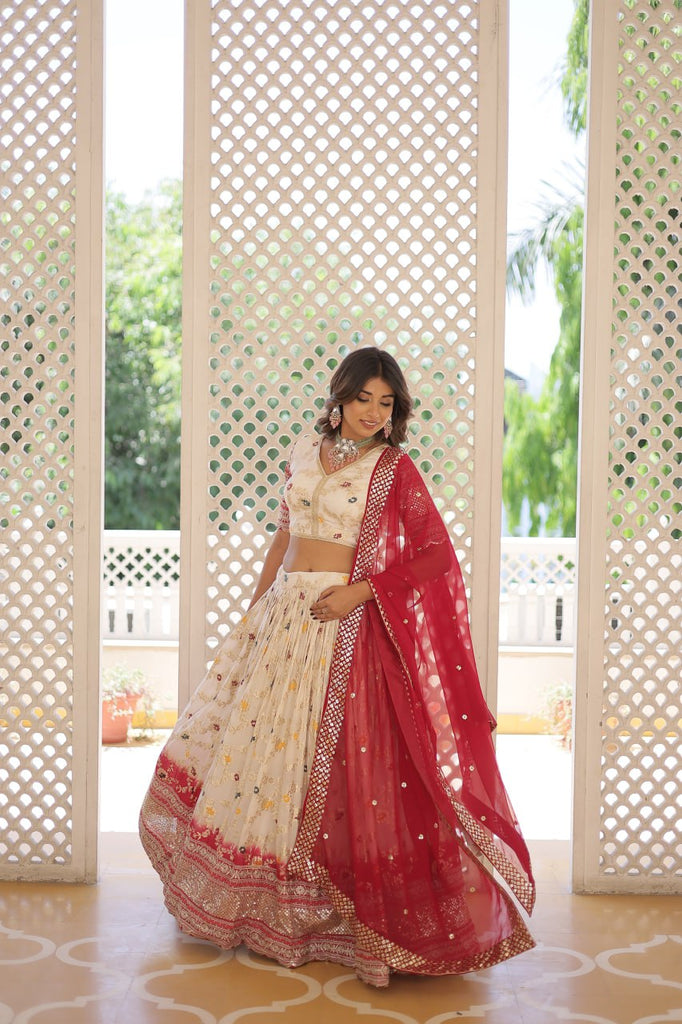 Stunning Viscose Jacquard Off White Lehenga Set with Embroidered Sequins and Faux Blooming Dupatta ClothsVilla