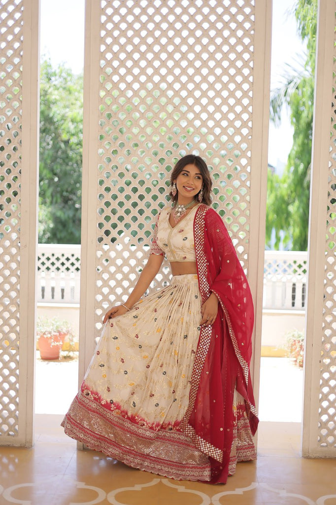 Stunning Viscose Jacquard Off White Lehenga Set with Embroidered Sequins and Faux Blooming Dupatta ClothsVilla