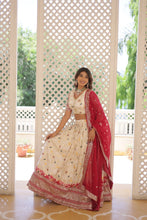 Load image into Gallery viewer, Stunning Viscose Jacquard Off White Lehenga Set with Embroidered Sequins and Faux Blooming Dupatta ClothsVilla