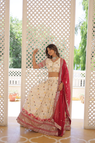 Stunning Viscose Jacquard Off White Lehenga Set with Embroidered Sequins and Faux Blooming Dupatta ClothsVilla