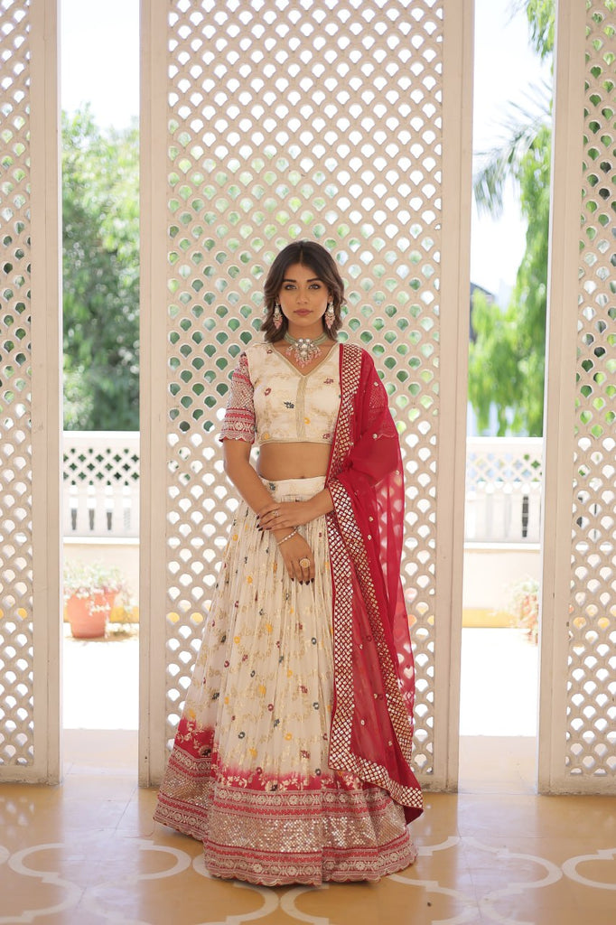 Stunning Viscose Jacquard Off White Lehenga Set with Embroidered Sequins and Faux Blooming Dupatta ClothsVilla