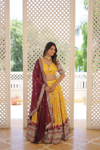 Stunning Viscose Jacquard Yellow Lehenga Set with Embroidered Sequins and Faux Blooming Dupatta ClothsVilla
