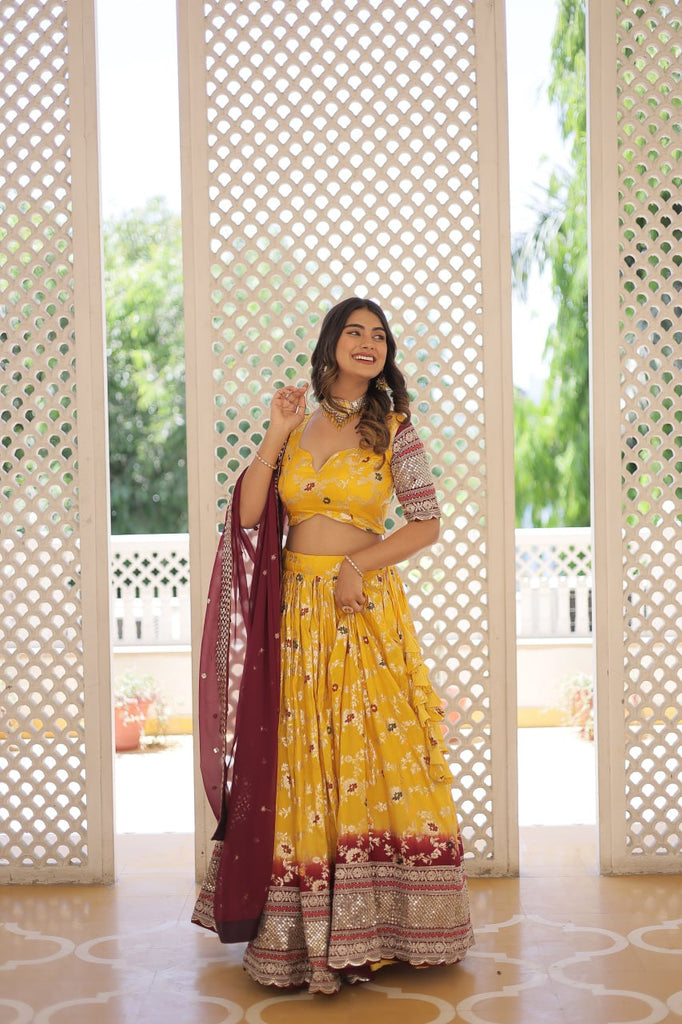 Stunning Viscose Jacquard Yellow Lehenga Set with Embroidered Sequins and Faux Blooming Dupatta ClothsVilla