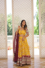 Load image into Gallery viewer, Stunning Viscose Jacquard Yellow Lehenga Set with Embroidered Sequins and Faux Blooming Dupatta ClothsVilla