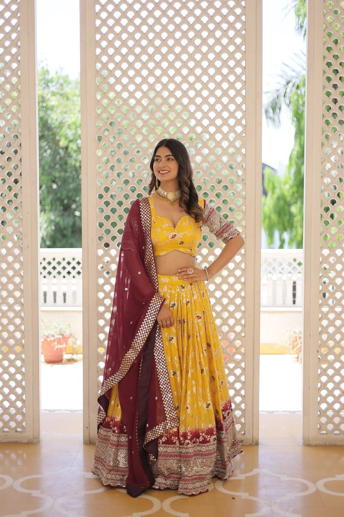 Stunning Viscose Jacquard Yellow Lehenga Set with Embroidered Sequins and Faux Blooming Dupatta ClothsVilla