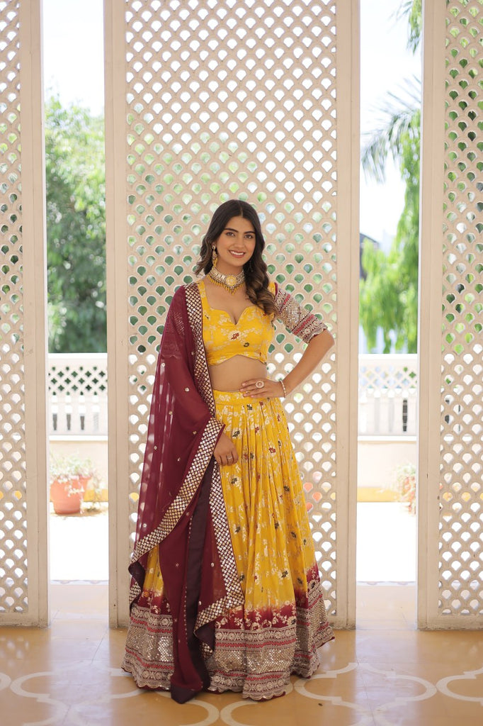 Stunning Viscose Jacquard Yellow Lehenga Set with Embroidered Sequins and Faux Blooming Dupatta ClothsVilla