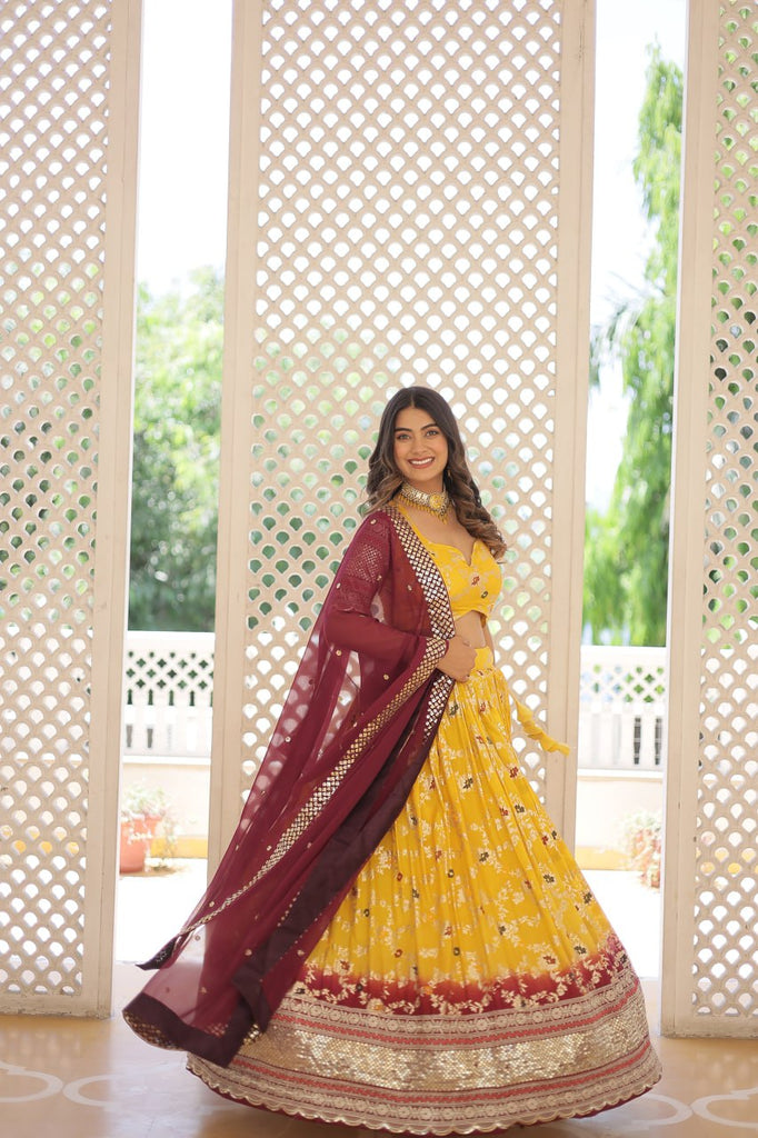 Stunning Viscose Jacquard Yellow Lehenga Set with Embroidered Sequins and Faux Blooming Dupatta ClothsVilla