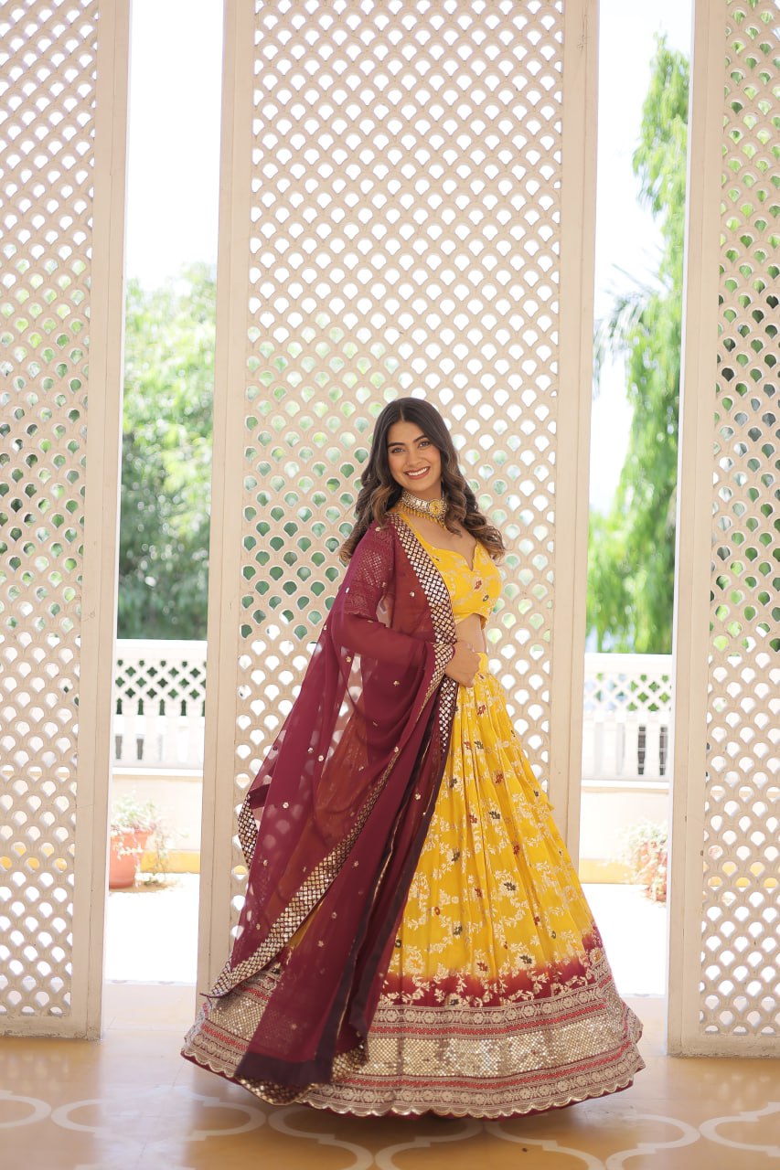 Stunning Viscose Jacquard Yellow Lehenga Set with Embroidered Sequins and Faux Blooming Dupatta ClothsVilla