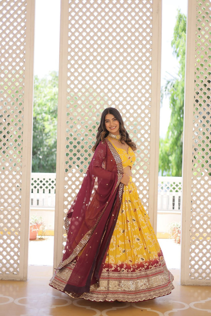 Stunning Viscose Jacquard Yellow Lehenga Set with Embroidered Sequins and Faux Blooming Dupatta ClothsVilla