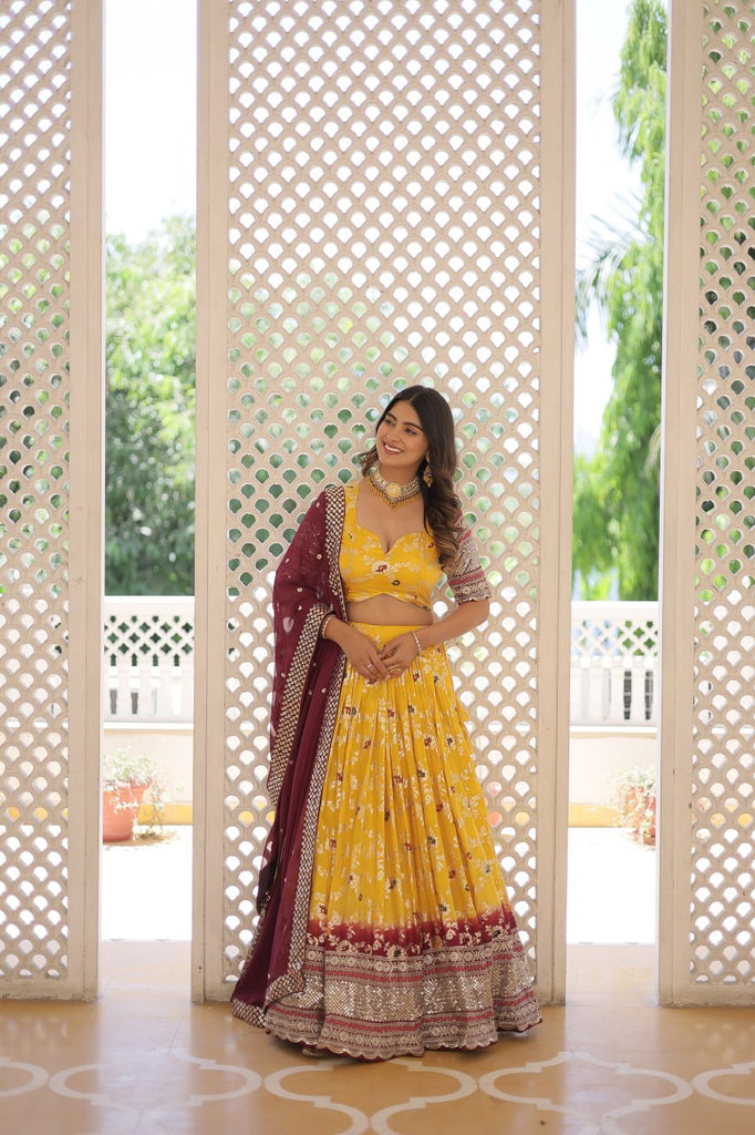 Stunning Viscose Jacquard Yellow Lehenga Set with Embroidered Sequins and Faux Blooming Dupatta ClothsVilla