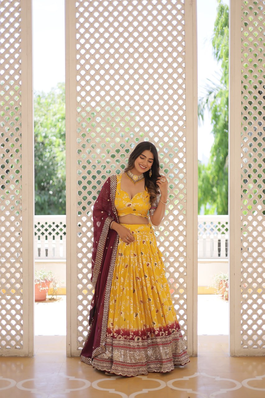 Stunning Viscose Jacquard Yellow Lehenga Set with Embroidered Sequins and Faux Blooming Dupatta ClothsVilla