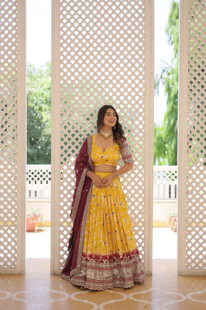 Stunning Viscose Jacquard Yellow Lehenga Set with Embroidered Sequins and Faux Blooming Dupatta ClothsVilla