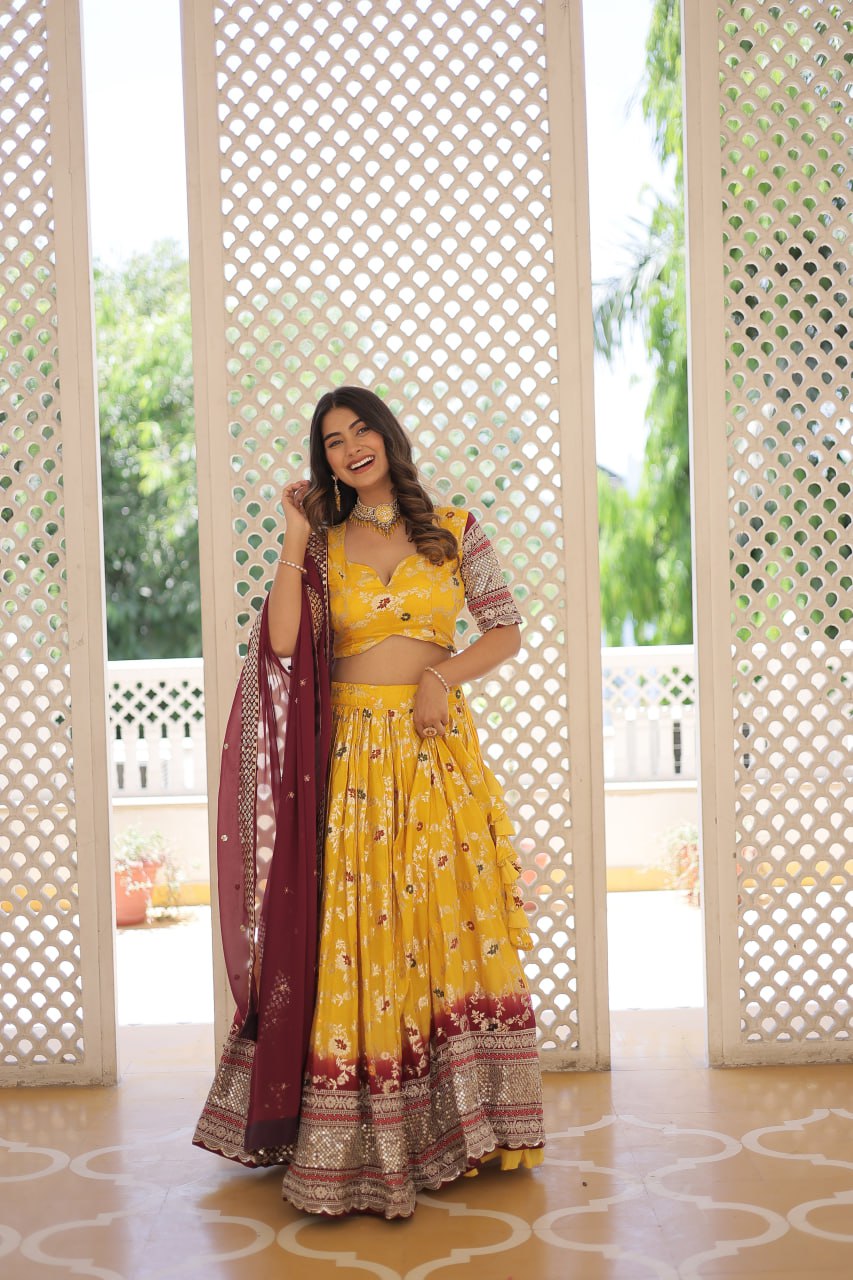 Stunning Viscose Jacquard Yellow Lehenga Set with Embroidered Sequins and Faux Blooming Dupatta ClothsVilla