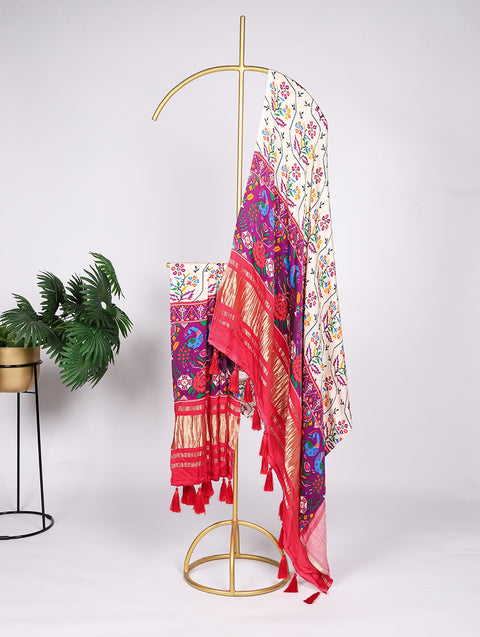 Stunning White Gaji Silk Bandhej Dupatta with Digital Print & Lagadi Patti Work ClothsVilla Main image